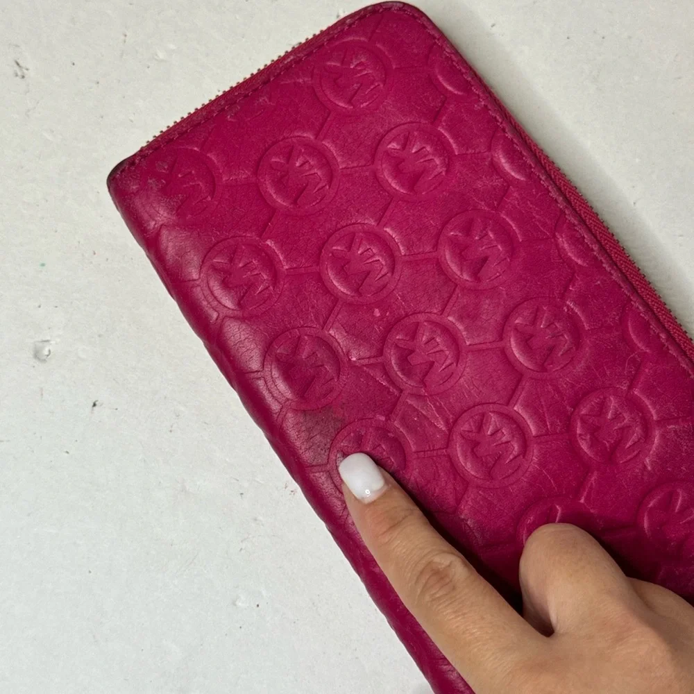 MICHAEL KORS Logo Embossed Pink Leather Zip Around Continental Wallet